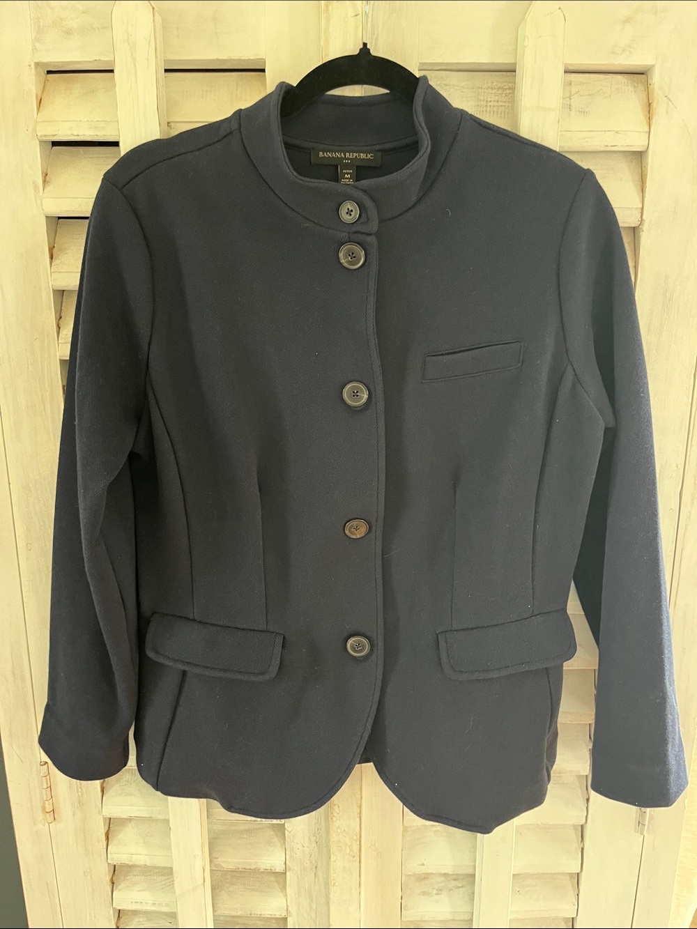 Banana Republic Women's Knit Petite M Navy Button-Front Stand Collar Blazer